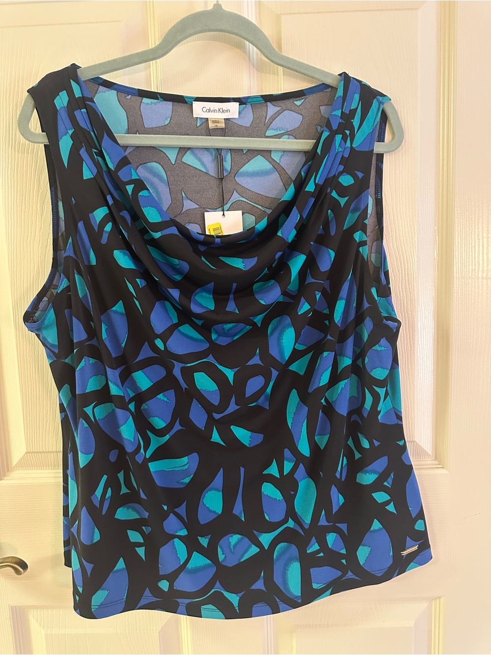 NWT Calvin Klein Black Cowl Neck Sleeveless Top with Blue & Teal Abstract Print